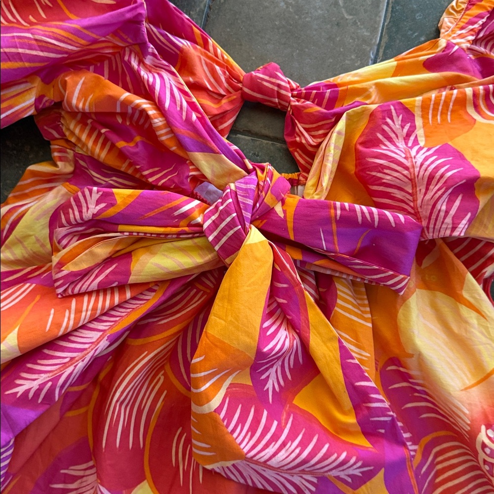 Farm Rio Ombré  Mini Dress Garden Puff Sleeve Orange Yellow Tie Back Bohemian L - Picture 7 of 14